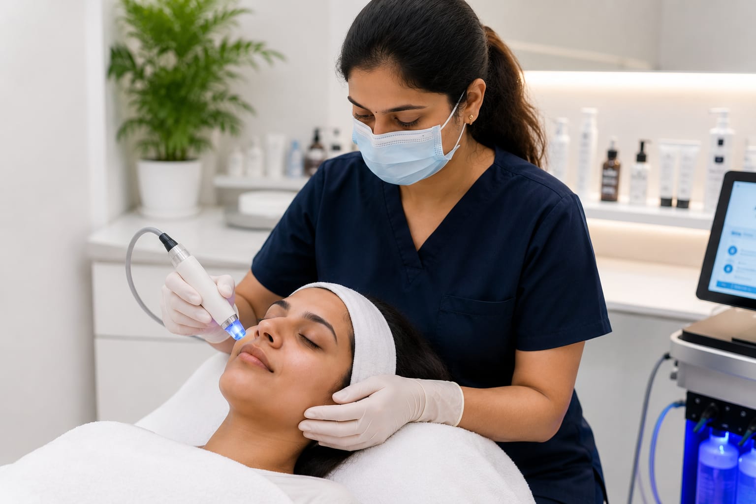 Dermatologist performing a skincare facial treatment at Keragraft Hair Transplantation & Skincare Center in Bengaluru